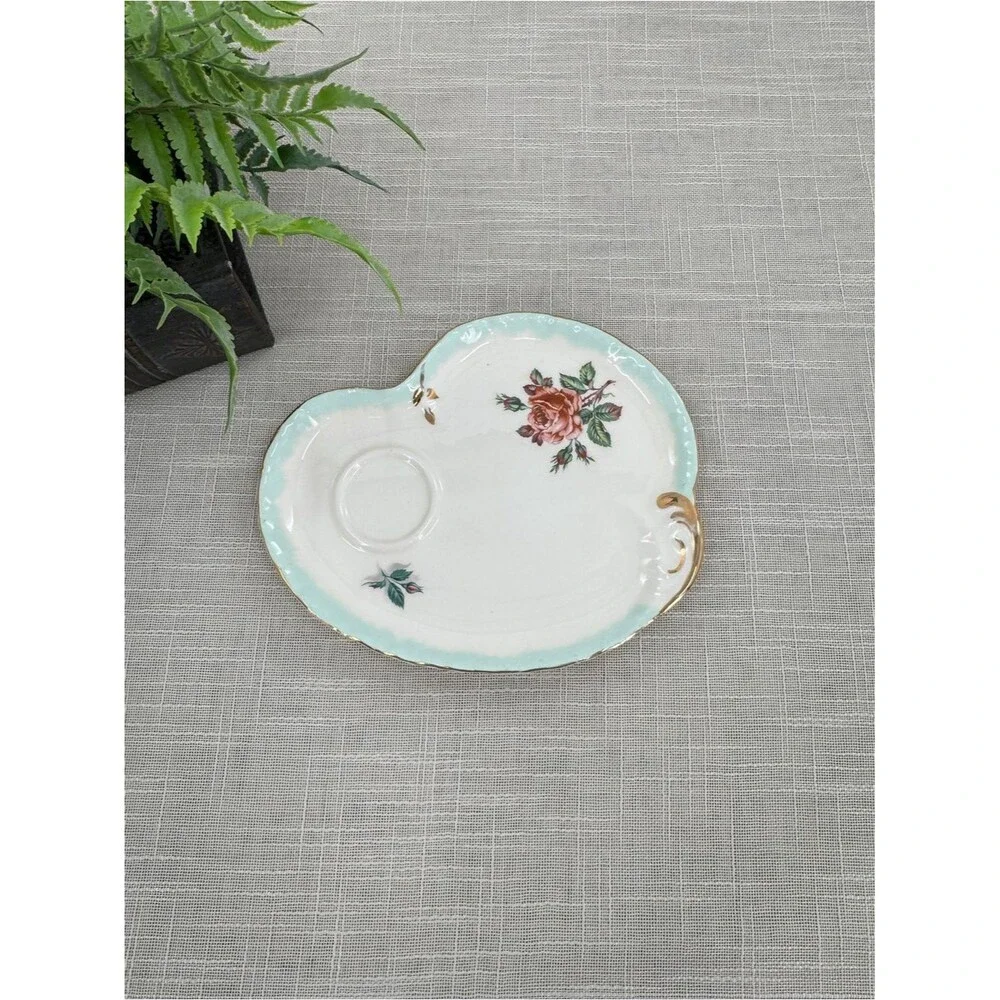 Vintage Floral Porcelain Tea Cup Tray Mint Green Gold Rose Serving Dish